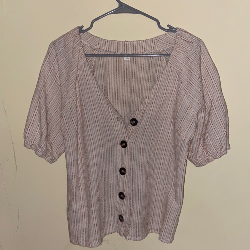 Francesca’s- Harper Striped Linen V-Neck Button Down Top
